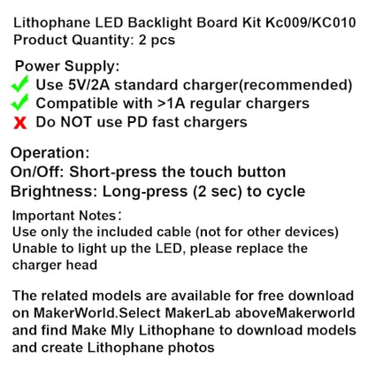 Lithophane Led Backlight Board Kit KC009 KC010 for Bambu Lab H2D/X1/P1P/A1 LED Light Board LED Backlights Makerworld Model Parts USB 3D Print Accessory Photo Model DIY Light Box（2PCS） - size: S