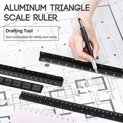 Weewooday 10 Pieces 12 Inch Architectural Scale Ruler Aluminum Triangular Engineering Ruler Scale with 6 in 1 Multitool Pen Ballpoint Pen for Architects, Draftsman, and Engineers