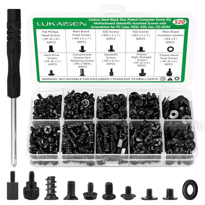 520 Pcs Black Computer Screws Kit PC Motherboard Standoffs SSD Set - color: 520 Pcs Black PC Screw