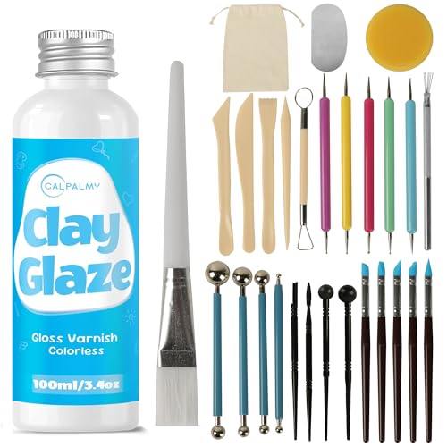 CALPALMY 100ml Air Dry Clay Glaze and 29pcs Clay Tools Kit, Gloss Varnish - color: Gloss, size: 100ml + 29pc Tools