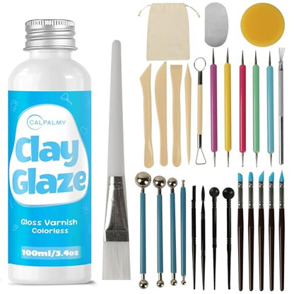 CALPALMY 100ml Air Dry Clay Glaze and 29pcs Clay Tools Kit, Gloss Varnish - color: Gloss, size: 100ml + 29pc Tools