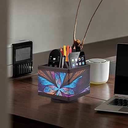 Square Leather 360°Rotatable Pencil Holders,Remote Control Holder,Spinning Bedside TV Remote Caddy,Desktop Organizer for Pen,Media Controller,Phone,Glasses,Office Supplies Storage Box(Blue)