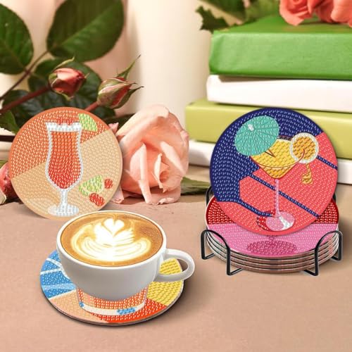 CAMOYAI 8 pcs Diamond Art Coasters Kits with Holder, DIY 5D Retro Cocktail Diamond Painting Coasters,Diamond Art Kits for Adults Beginners - color: cocktail