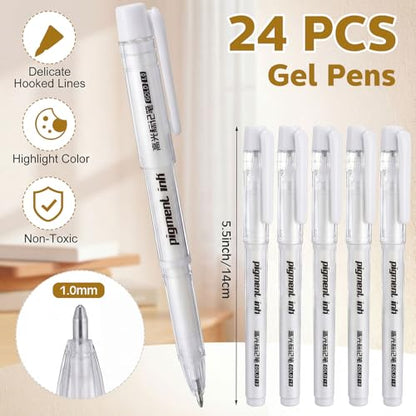 Motiskyy 24 Pcs Gold Silver White Ink Gel Pens Bulk 1mm, White - color: White