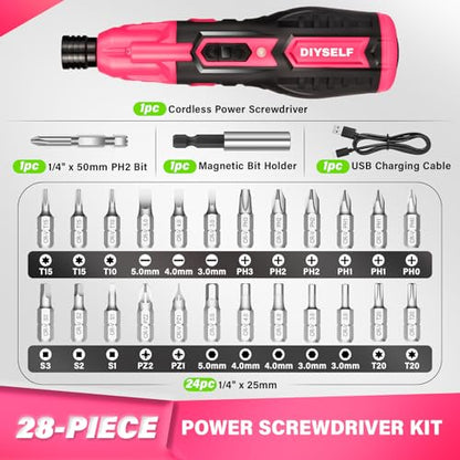 DIYSELF Electric Screwdriver, Cordless Power Screwdriver Set, 28-Piece,Pink - color: Pink