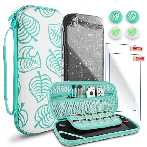 TIKOdirect Carrying Case for Switch 2, Shockproof Portable Travel Bag with Glitter Galaxy case, Screen Protectors and Cute Leaf Thumb Grips Caps, Green Kit - color: Green Kit