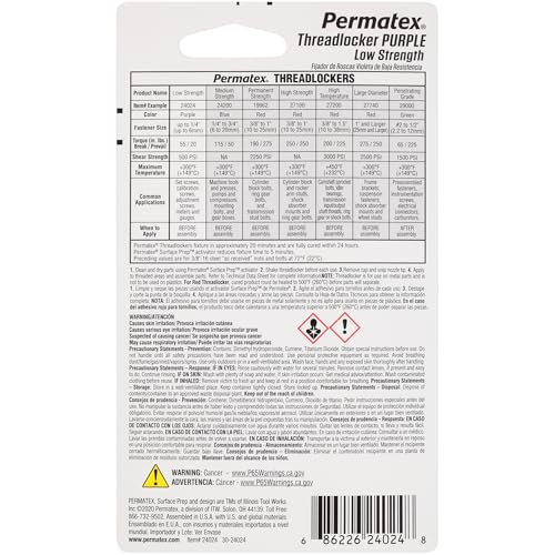 Permatex 24024-6PK Low Strength Threadlocker Purple, 6 ml (Pack of 6) - size: 6 ml (Pack of 6)