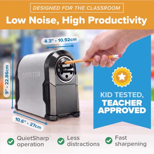 Bostitch Office SuperPro Glow Electric Pencil Sharpener, Sharpens Standard & Colored Pencils, Heavy Duty Commercial Classroom, Replaceable Cutter Cartridge System, 6-Hole, Silver/Black