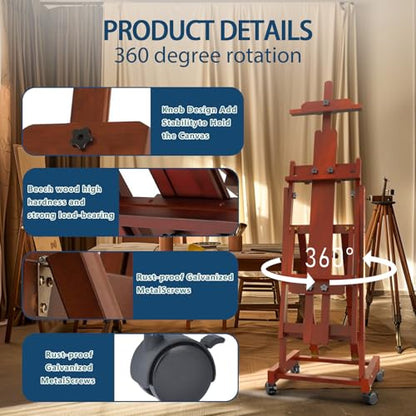 H-Frame Foldable Easel, Adjustable Height & Angle (Vertical to Horizontal), Removable Floor Art Easel for Adults, Holds Two Canvases Up to 77 Inches, Walnut Finish - color: Walnut