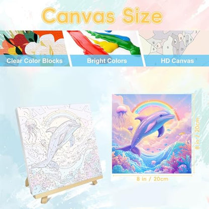 HITO Dolphin Paint by Numbers Kit for Kids with Frame Easel 8x8 inch - color: Dolphin
