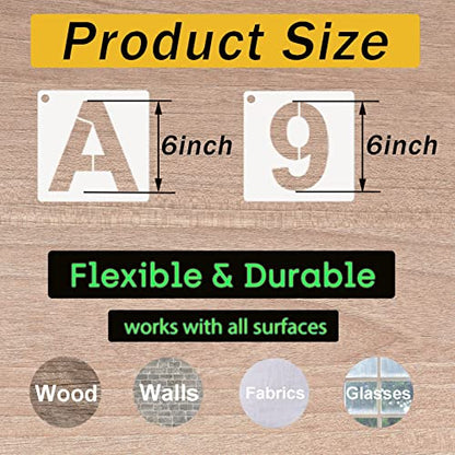 Alphabet Letter Stencils 6 Inch, 36 Pcs Reusable Plastic Letter Numbers Templates, Art Craft Stencil for Painting on Wood, Wall, Glass, Fabric, Rock, Signage - size: 6 Inch