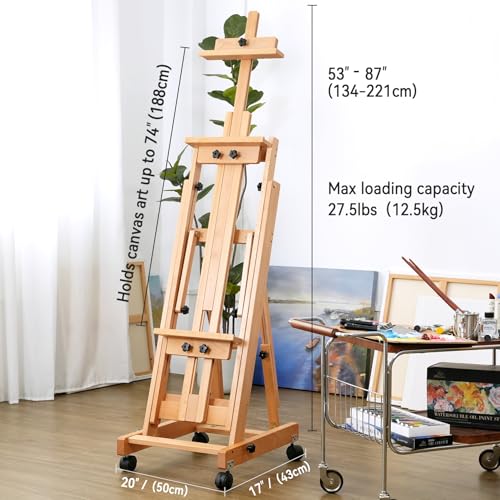 PHOENIX Versatile Studio H-Frame Easel Solid Beech Wood Artist Stand with Locking Caster Wheels- Adjustable Angle & Height – Heavy Duty Large Canvas Holder with Storage Tray for Professional Artists