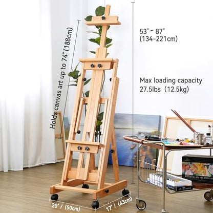 PHOENIX Versatile Studio H-Frame Easel Solid Beech Wood Artist Stand with Locking Caster Wheels- Adjustable Angle & Height – Heavy Duty Large Canvas Holder with Storage Tray for Professional Artists