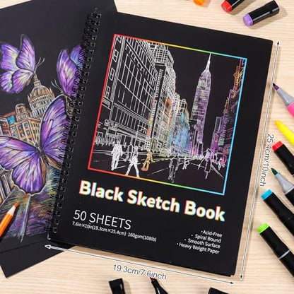Black Paper Sketchbook, 7.6 × 10 in, 50 Sheets, Spiral Hardcover - size: 7.6×10 Inch (1 Pack )