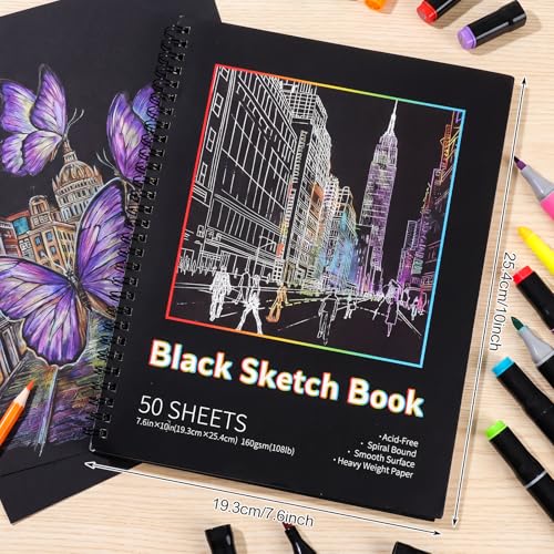 2 Pack Black Paper Sketchbook, 7.6 × 10 in, 50 Sheets, Spiral Bound - size: 7.6×10 Inch (2 Pack )