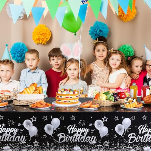 Breling 3 Pack Happy Birthday Tablecloths Decoration, Black Silver - color: Black Silver