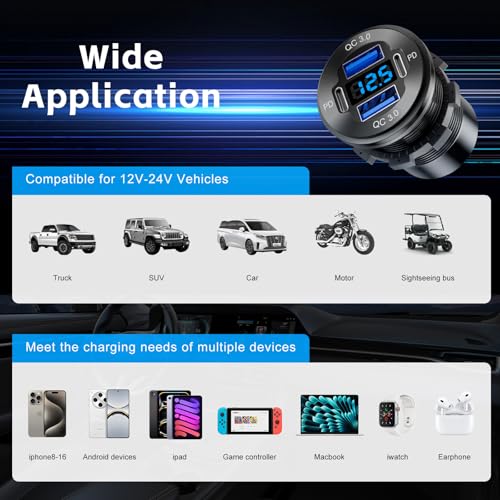 2 Pack 12V USB Outlet 4 Port Car Boat Marine Charger Voltmeter - color: 2PD+2USB(2Pack)
