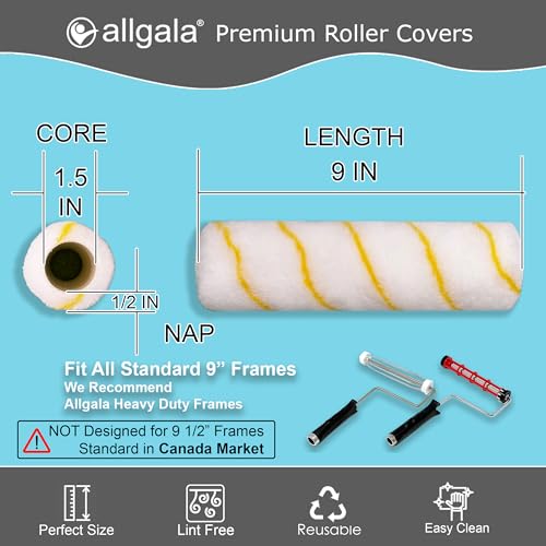 Allgala Paint Roller Covers, 12-Pack 9 Inch Shedless Paint Roller Covers 1/2 Inch Nap, Covers for Paint Roller Frame and Paint Roller Kit - size: 9" (Pack of 12)