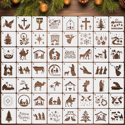 Augshy 56 Pack Flower Stencils for Painting, 3 Inch Small Floral Template - style: Nativity