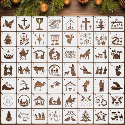 Augshy 56 Pack Flower Stencils for Painting, 3 Inch Small Floral Template - style: Nativity