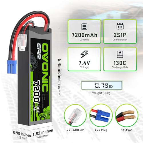 OVONIC 2S LiPo Battery 7200mAh 7.4V 130C RC Battery with EC5 Connector