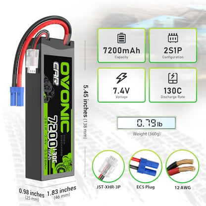 OVONIC 2S LiPo Battery 7200mAh 7.4V 130C RC Battery with EC5 Connector