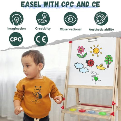 Adjustable Wooden Art Easel for Kids,Double Sided Chalkboard & Whiteboard - color: green