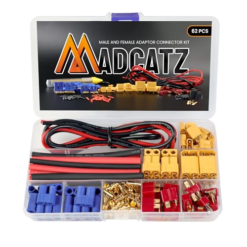 MADCATZ T-Plug EC3 XT30 XT60 Male & Female Connector Adapters with 14awg Silicone Wire and Heat Shrink Tubing for RC ESC Lipo Battery Motor Accessories (Pack of 62 PCS) - color: 62pcs (T-plug, XT30, XT60, EC3)