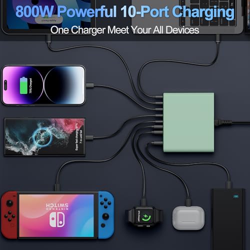 800W USB C Charger Block,10-Port Charging Station - color: Green