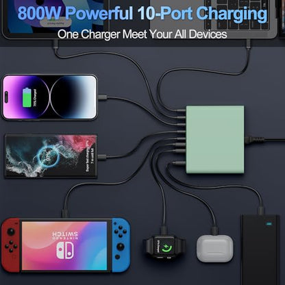 800W USB C Charger Block,10-Port Charging Station - color: Green