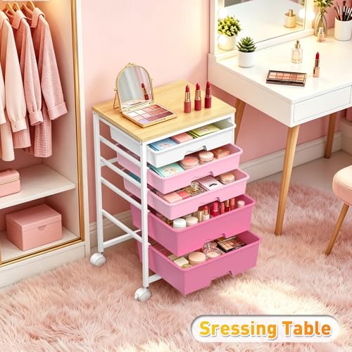 SUNALLY Rolling Carts with 5 Drawers, Storage Drawer Carts for Craft, Pink - color: Pink
