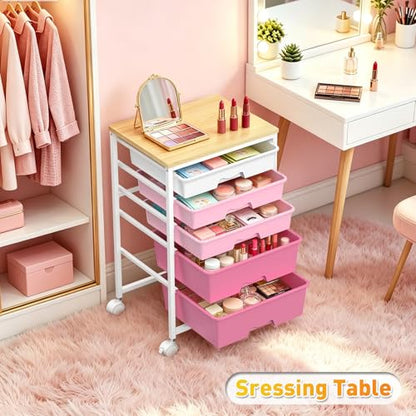 SUNALLY Rolling Carts with 5 Drawers, Storage Drawer Carts for Craft, Pink - color: Pink