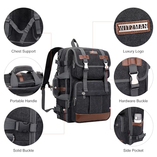 WITZMAN Canvas Travel Backpack for Men Large Laptop Backpack Fits 16 Inch - color: Black