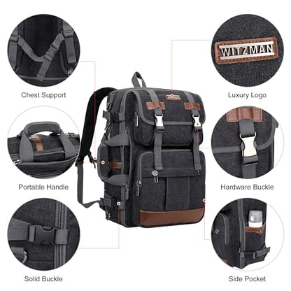 WITZMAN Canvas Travel Backpack for Men Large Laptop Backpack Fits 16 Inch - color: Black