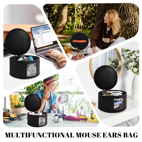 Chenille Letter Bow Mouse Ears Travel Case, Large Round Tote Storage Box - color: Black