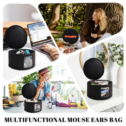 Chenille Letter Bow Mouse Ears Travel Case, Large Round Tote Storage Box - color: Black