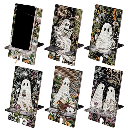 Saillong 6 Pcs Halloween Ghost Diamond Painting Phone Holder, Full Drill - style: Halloween Ghost