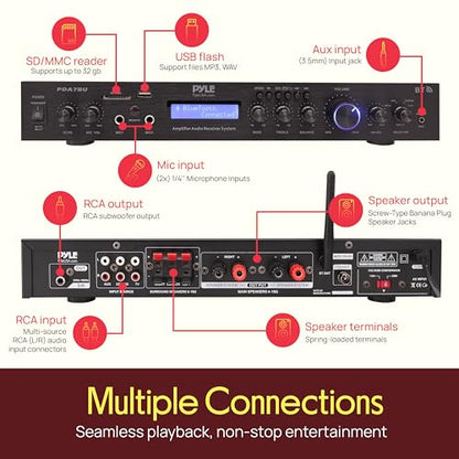 Pyle 5 Channel Rack Mount Bluetooth Amplifier Receiver - 200 Watt Home Theater Amp, Bluetooth Wireless Streaming, MP3/USB/SD/AUX, Digital ID3 LCD Display - PDA7BU.5