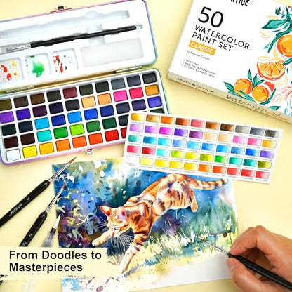50 Solid Watercolor Paint Set with Built-in Palette & 8 Brushes - color: 50 Colors