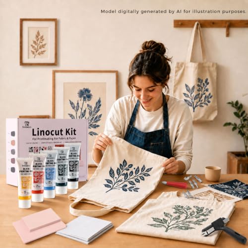 Bobblebro Linocut Kit for Printmaking, 5 Color Fabric Block Printing Kit - color: 5 Color set
