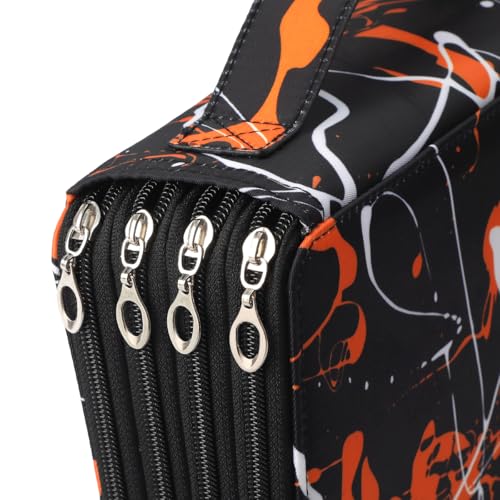 200 Slots Canvas Pencil Case 4-Layer Zipped Holder w/Handle - color: Orange Splash Ink, size: 200