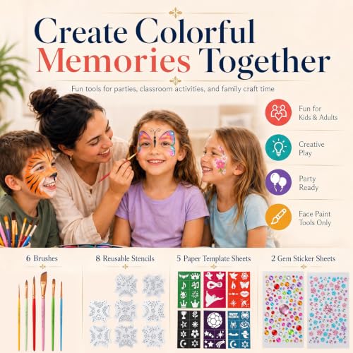 Face Painting Tool Set, 6 Type of Brushes, Stencils, Gems Included