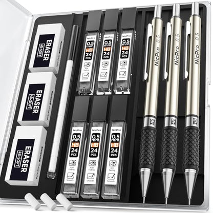 Nicpro 0.5 mm Art Mechanical Pencil Set in Storage Case, 3 PCS - style: 3 Pack (0.5mm)