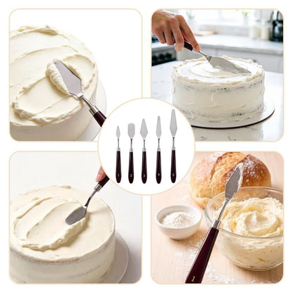 5 Pcs Cake Cream Spatula Set, Stainless Steel Offset Palette Knife for Baking Pastry, Cake Leveler, Frosting, Fondant, Chocolate, and Oil Painting Color Mixing Tool
