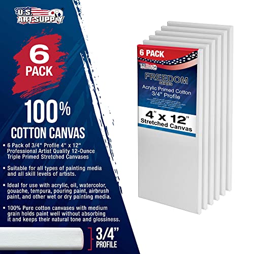 U.S. Art Supply 4"x12" Stretched Canvas for Painting, 3/4" Profile, 6-Pack - size: 4" x 12"