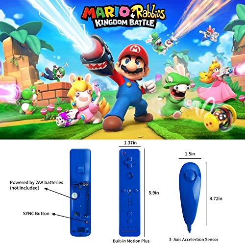 TechKen Motion Plus Wii Controllers 2Packs with Nunchucks, Wii Remote Controllers Compatible for wii and Wii U with Built in Motion Plus - color: blue+blue