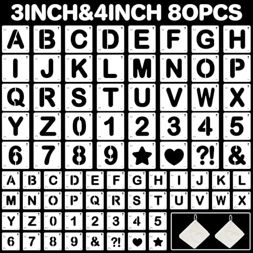 Letter Stencils 80Pcs 3&4Inch Large Alphabet Number Reusable Stencils - size: 3Inch+4Inch