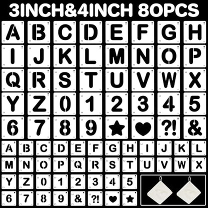 Letter Stencils 80Pcs 3&4Inch Large Alphabet Number Reusable Stencils - size: 3Inch+4Inch