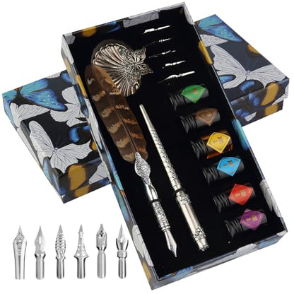 mancola Quill Pen and Ink Set,Feather Dip pen with 6 bottles of ink,Antique Calligraphy Pen,Metallic Dip Pen,6 Replaceable Nibs-Basic Calligraphy Kit-for Beginners and Calligraphy Lovers MA-L26