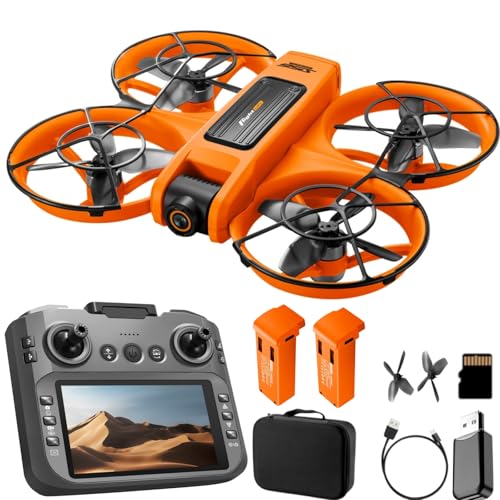 RC Drone With Screen On Controller (4.92in), UHD Dual Camera, Brushless Motor, Optical Flow Hovering, 360° Propeller Guard, 6-Axis Gyro, Headless Mode, One-Key Takeoff/Landing, 3-Speed Adjustable, 50X Zoom, Gesture Control, Trajectory Flight, Night LED, 2